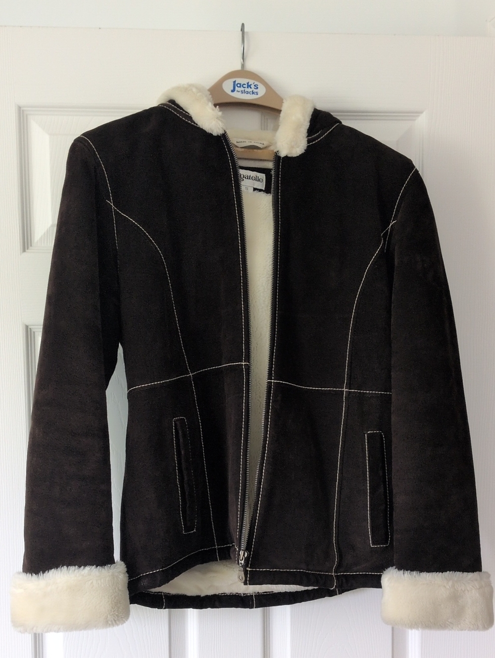bagatelle Dark Brown Leather Shearling Jacket with Cream Trim